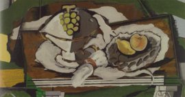 Georges Braque, Fruit Dish and Fruit Basket, 1928, oil and sand on canvas 19 1/4
